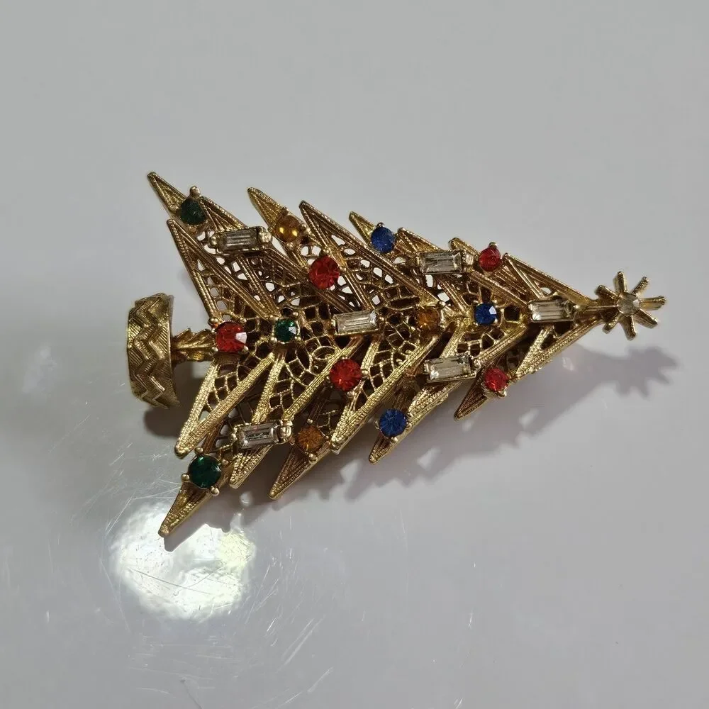 Vintage Art Gold Tone Christmas Tree Brooch Lace Candles Signed Book Piece MCM